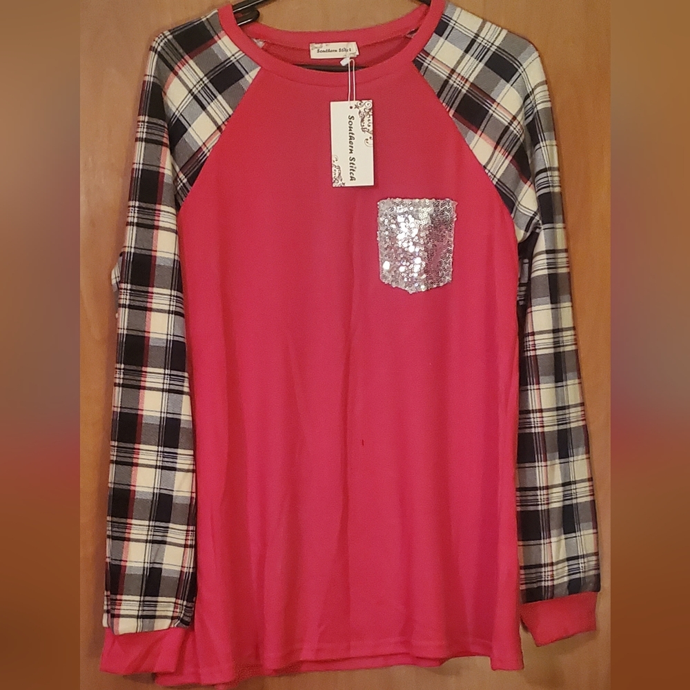 Southern Stitches Plaid Sleeve Top